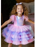 Sequin Pink Violet Layered Tulle Flower Girl Dress With Feather